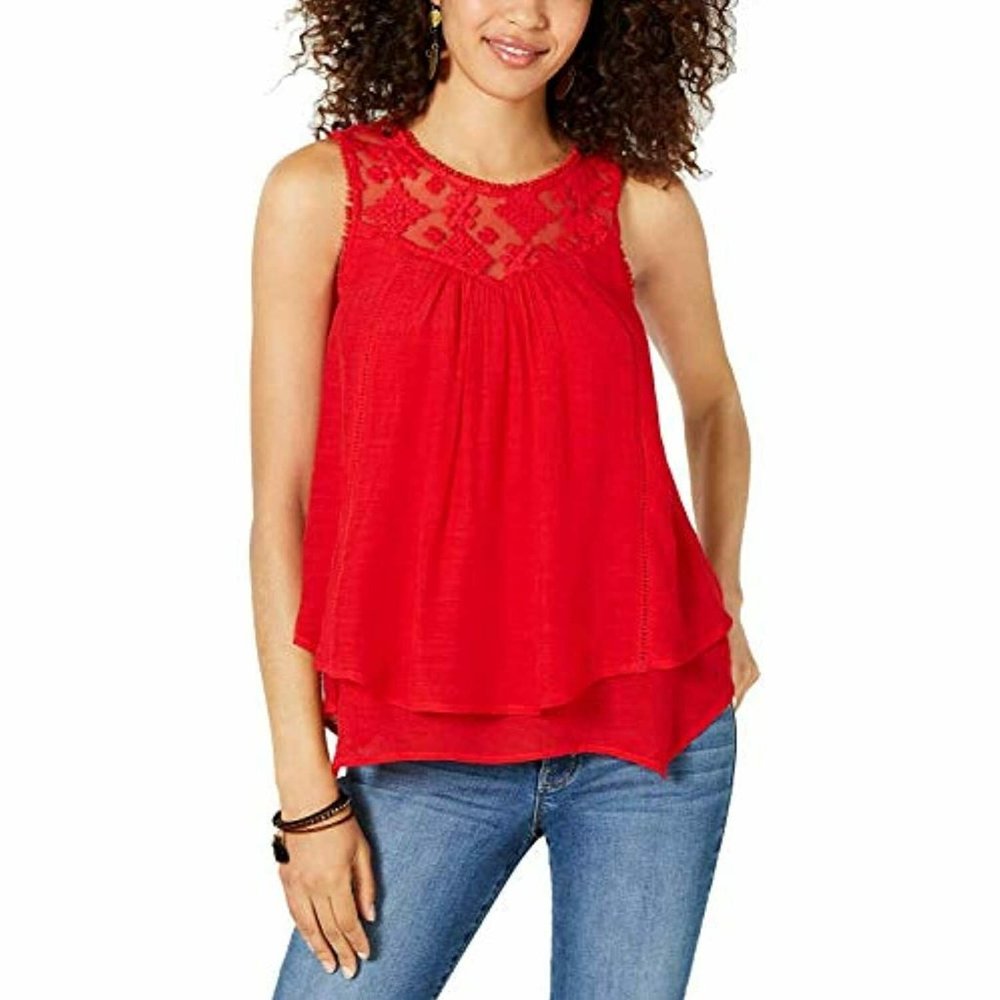 NWT Style & Co. Women's Lace-Trim Swing Top (Real Red, Small) #319.321-2